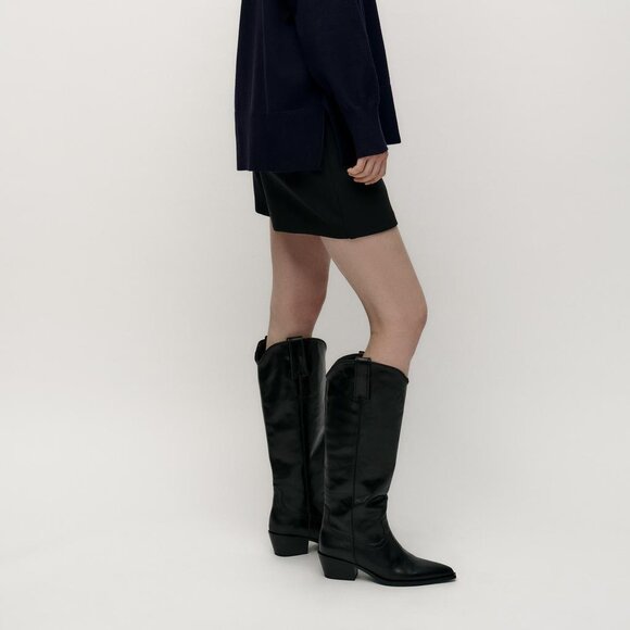 Zara Black Leather Cowboy Boots Size 8Knee HighPointed...